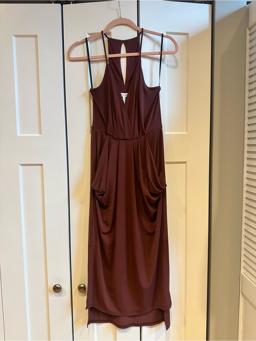 BCBG Women's Sleeveless Burgundy Draped Midi Dress